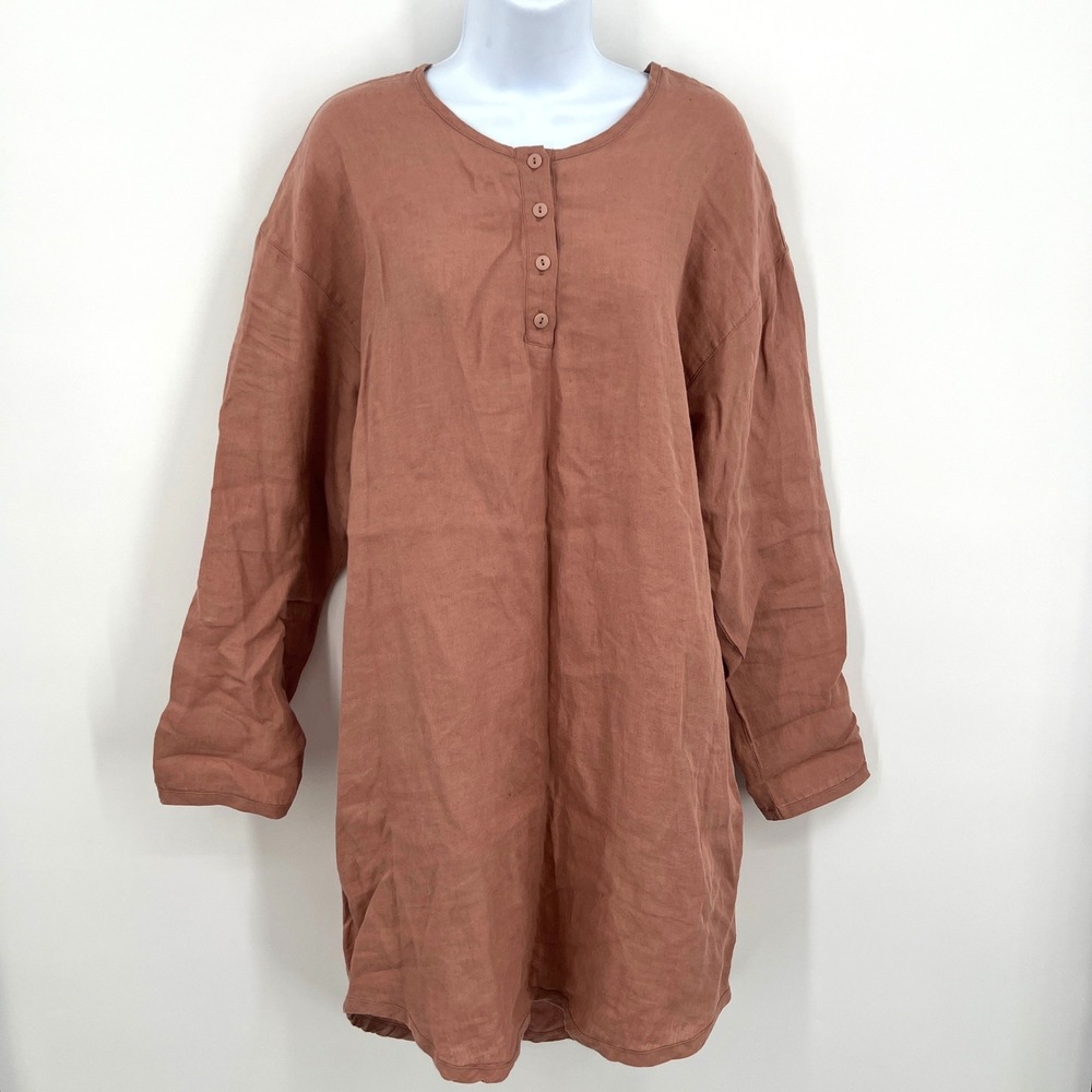 Parachute 100% Linen Henley House Shirt Dress Size L Clay Pinkish Brown Travel